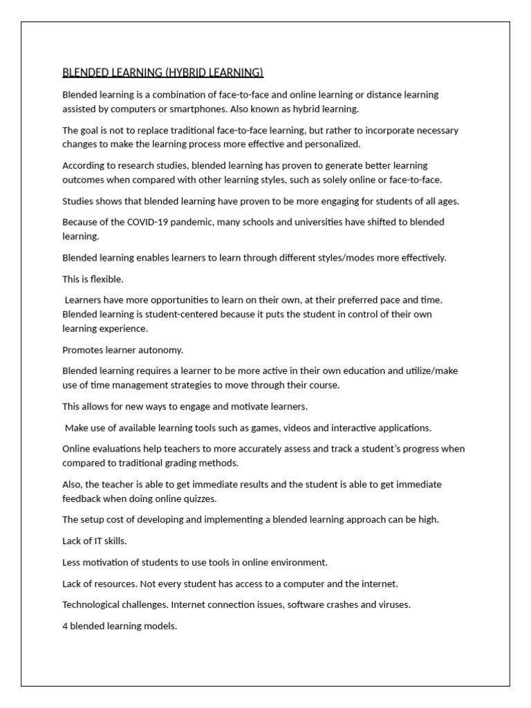 Blended Learning Is A Combination of Face | PDF | Learning ...