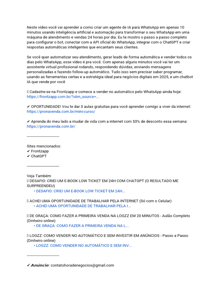 Crie um Agente de IA para WhatsApp em 10 Minutos | PDF
