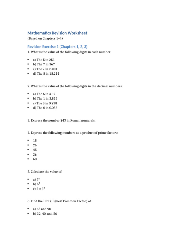 Mathematics Revision Worksheet Guide | PDF