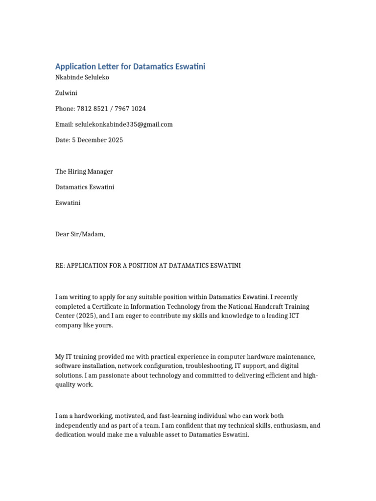 Application for Datamatics Position | PDF