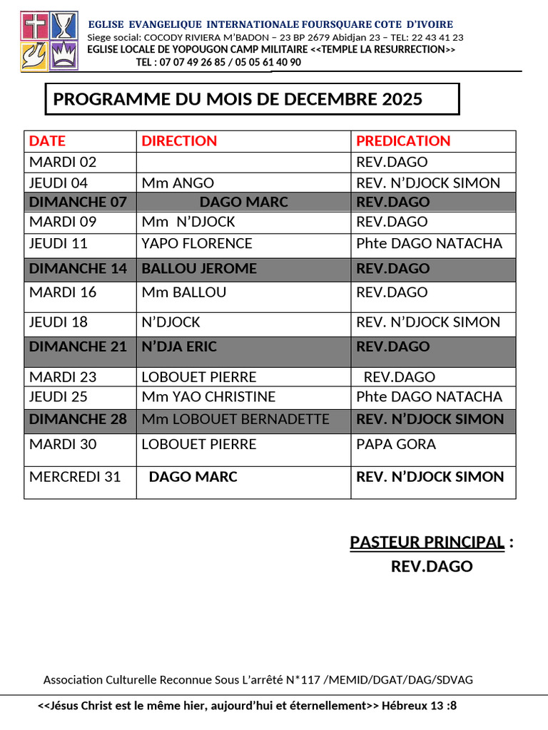 Programme Église Évangélique Décembre 2025 | PDF