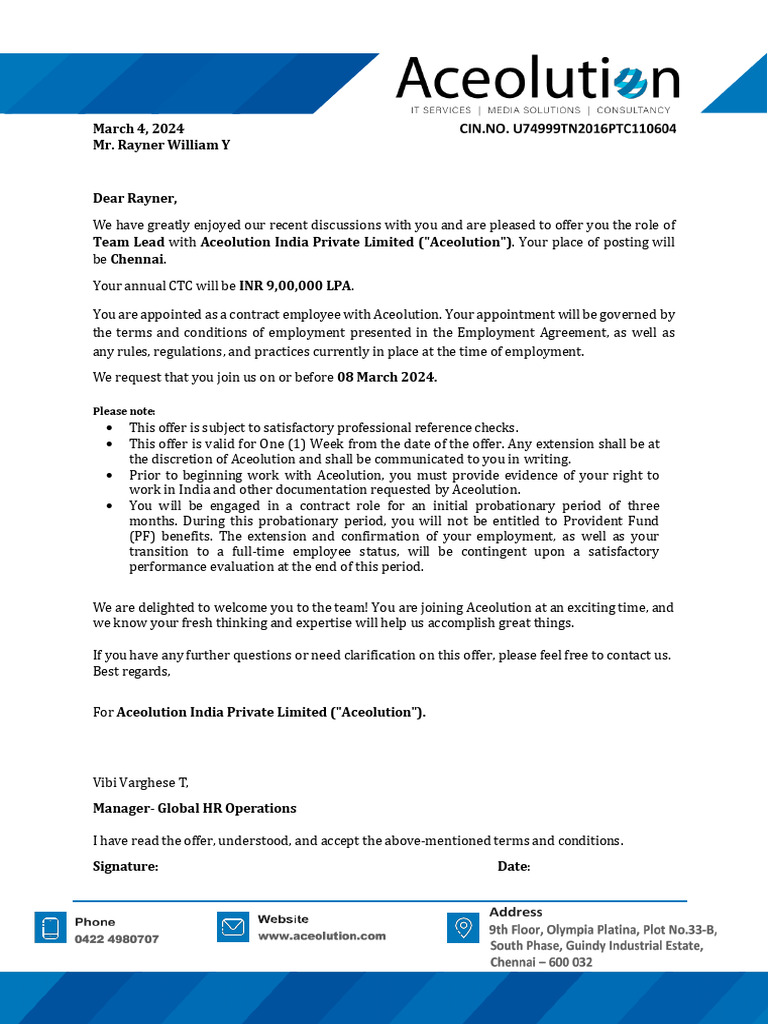 Aceolution Offer Letter_Rayner | PDF | Indemnity | Private Law