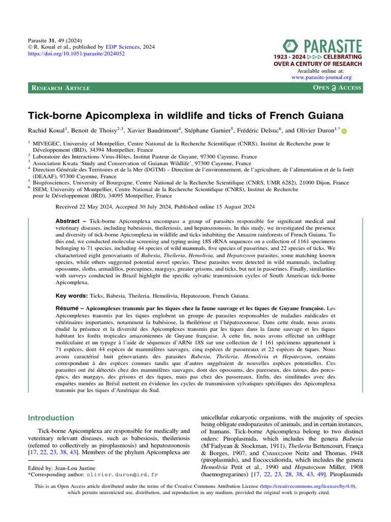 Tick Borne Apicomplexa in Wildlife and Ticks of French Guiana | PDF ...