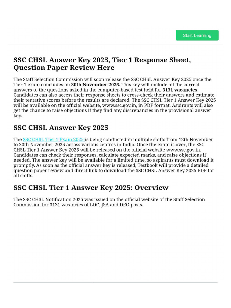 SSC CHSL Answer Key 2025, Tier 1 Response Sheet, Question Paper Review ...