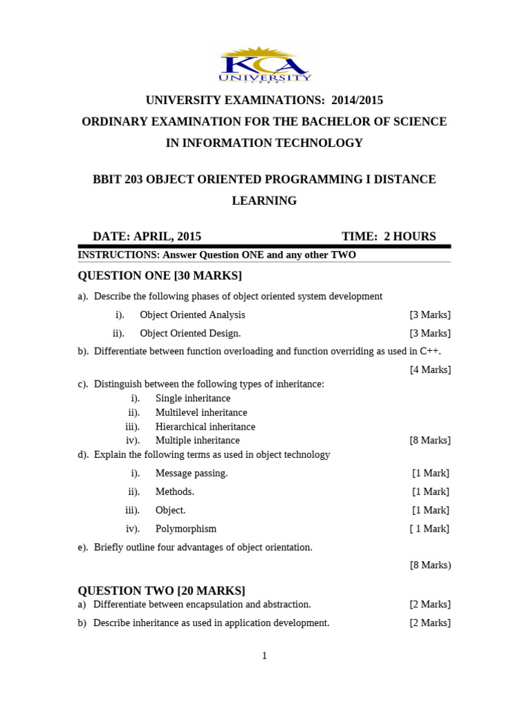 Bbit 203 Object Oriented Programming I Distance Learning | PDF | Class ...