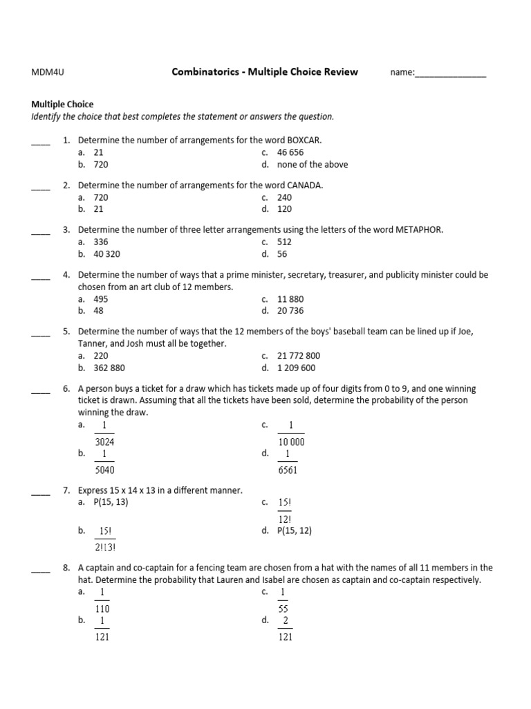 Combinatorics Multiple Choice Review | PDF | Permutation | Mathematics
