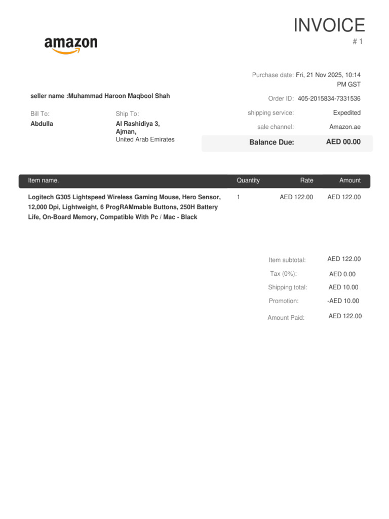 Invoice for Logitech G305 Purchase | PDF