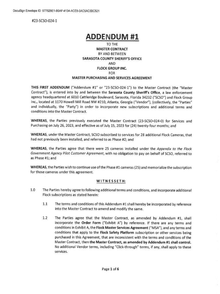 Fully Executed Addendum 1 Master Contract SCSO FLOCK | PDF