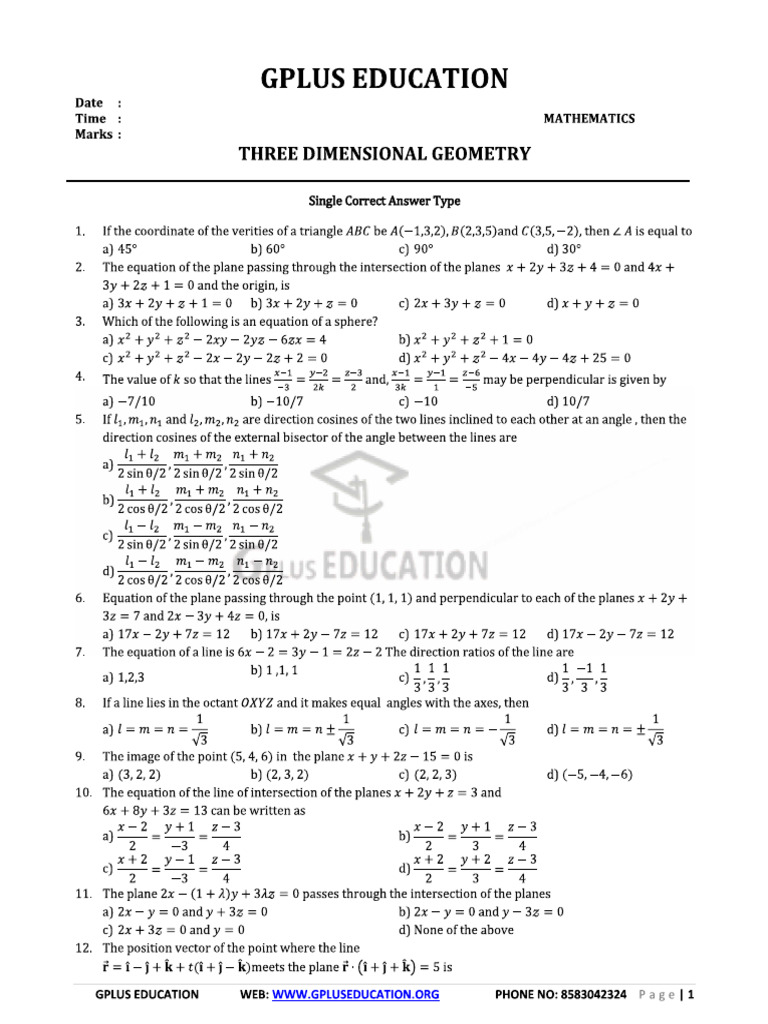 1220212945three Dimensional Geometry (MCQ) | PDF
