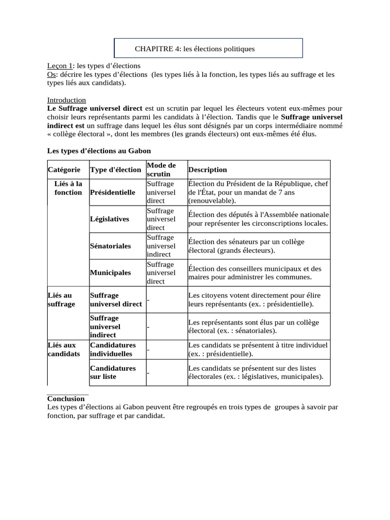 Types d'élections au Gabon expliqués | PDF | Le suffrage | Élections