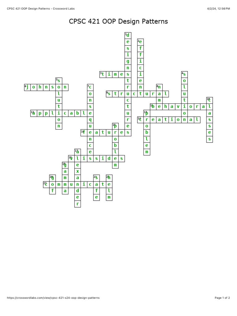 CPSC 421 OOP Design Patterns Crossword | PDF | Software Design Pattern ...