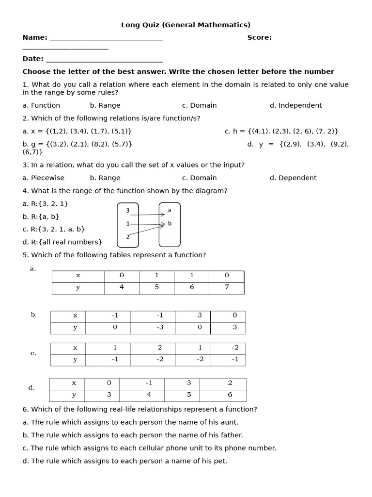 Long Quiz (Gen Math - Function) | PDF | Function (Mathematics)