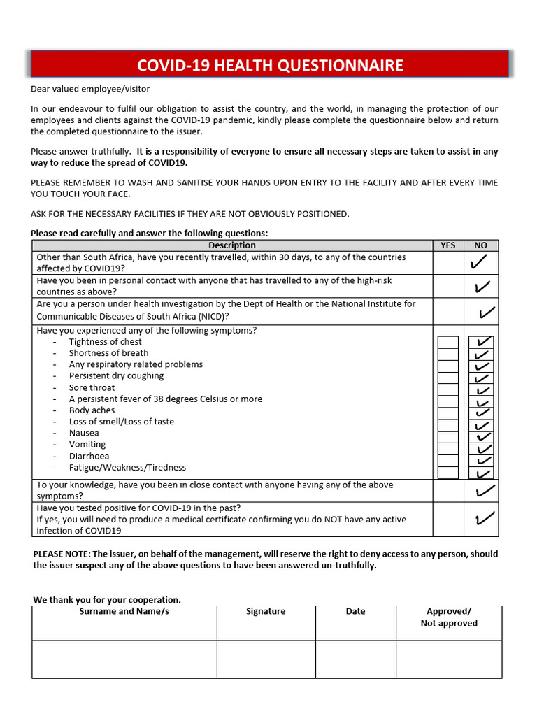 COVID-19 Health Check Questionnaire | PDF | Fee | Diseases And Disorders
