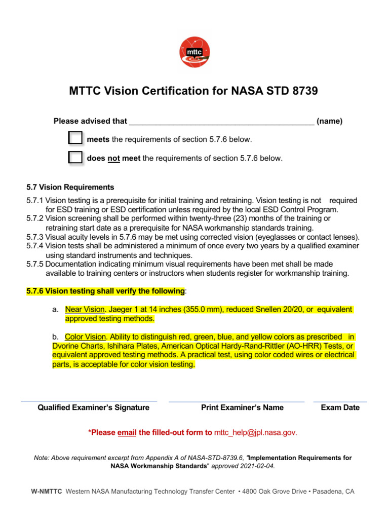 NASA Vision Certification Requirements | PDF