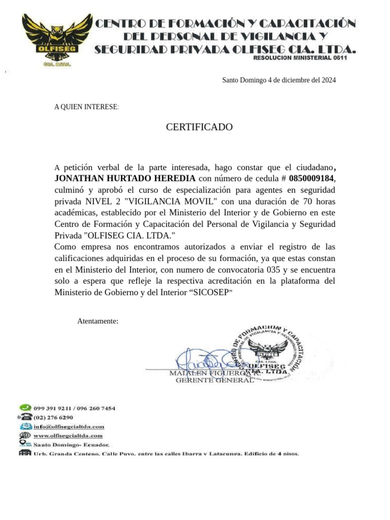 Certificado de Curso en Seguridad Privada | PDF