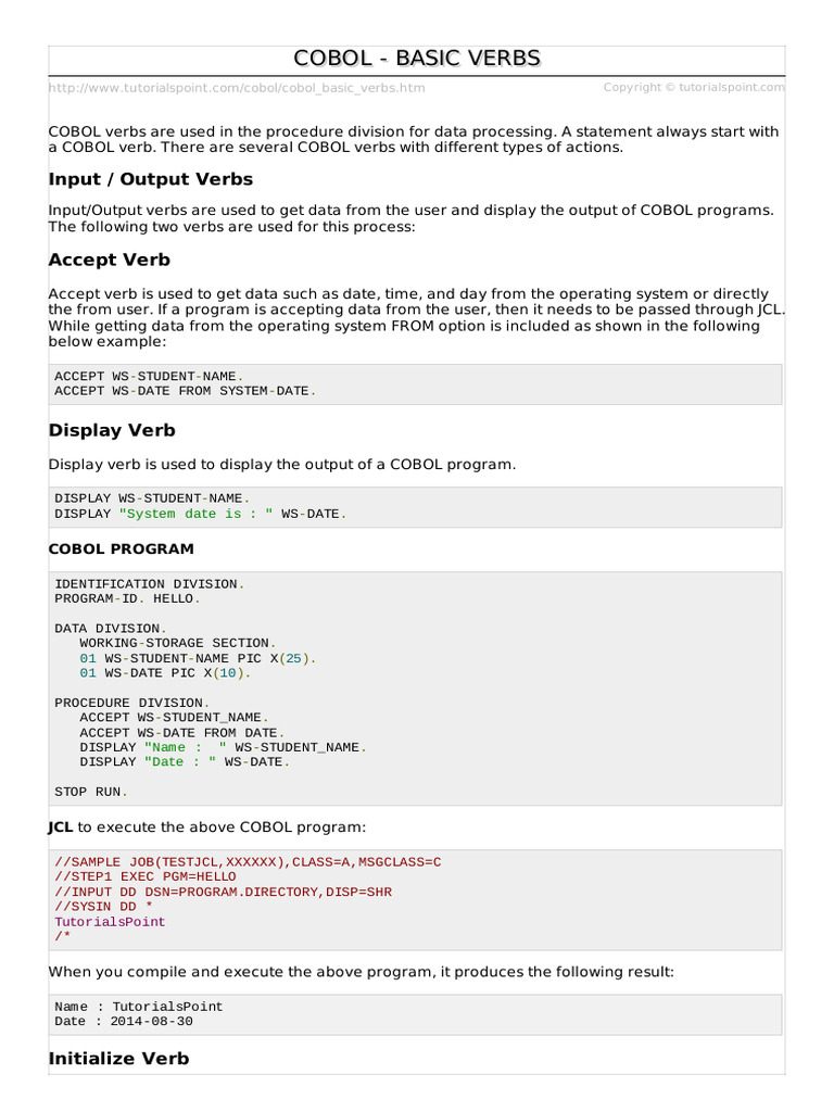 COBOL Basic Verbs Explained | PDF | Software | Computer Architecture