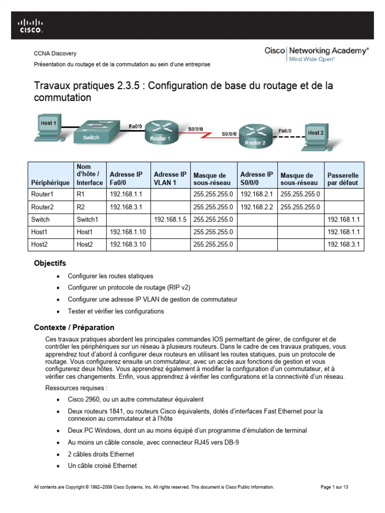 Configuration de routage et commutation CCNA | PDF | Adresse IP | Routeur