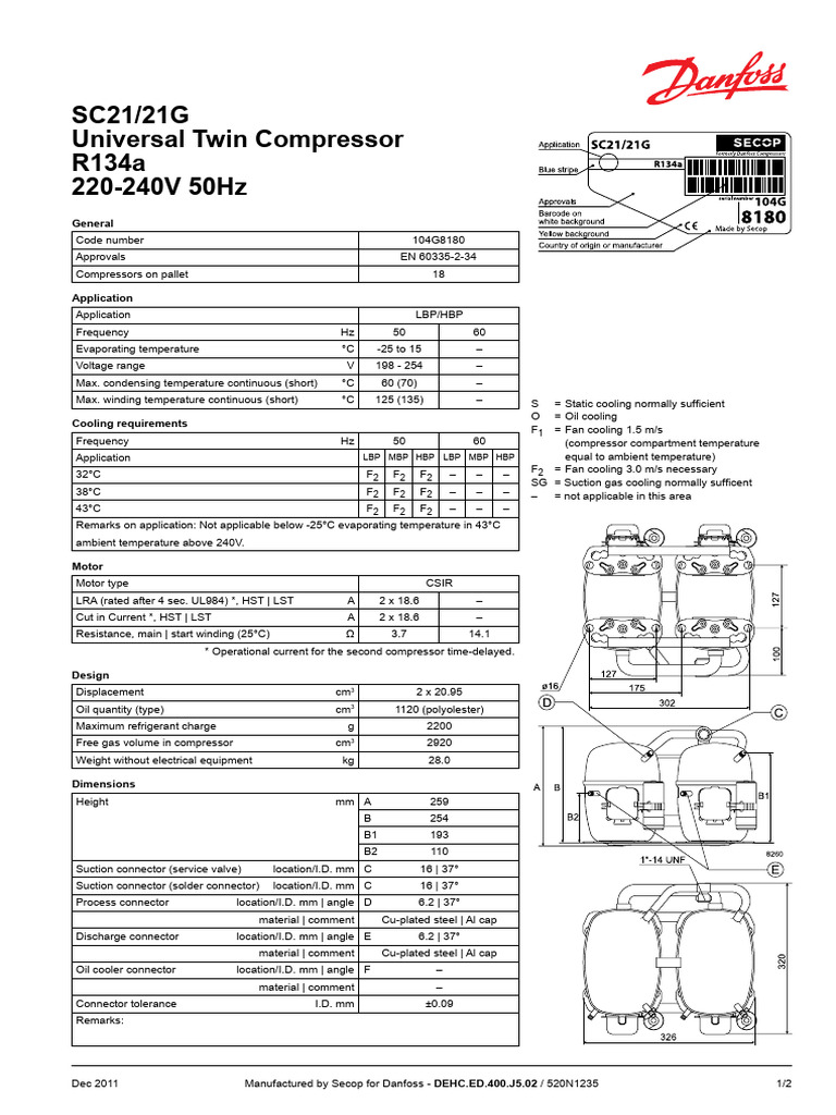 SC21/21G Universal Twin Compressor R134a 220-240V 50Hz: General | PDF ...