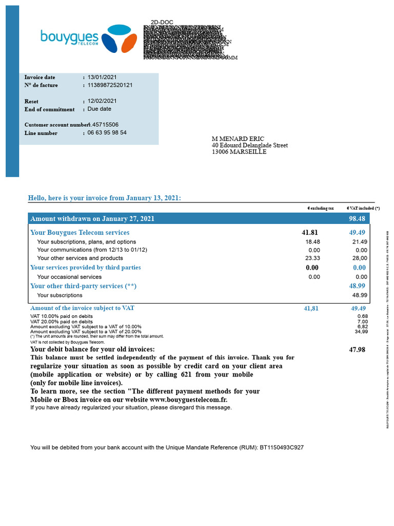 Bouygues Telecom Invoice Summary | PDF | Invoice | Value Added Tax