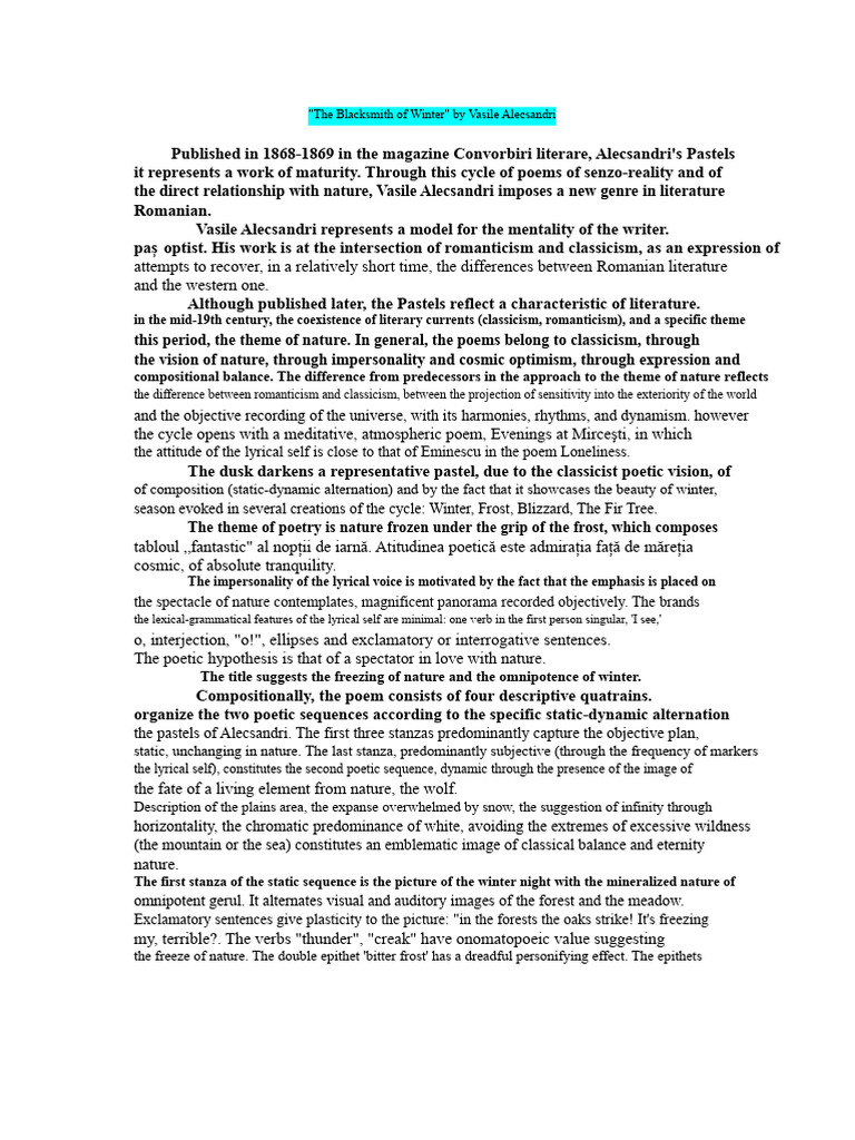 Vasile Alecsandri's Winter Pastels Analysis | PDF | Poetry | Romanticism