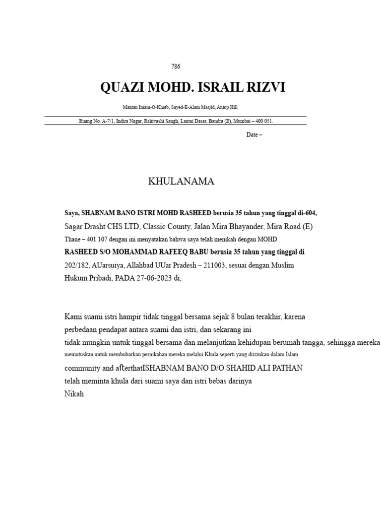 Khula Perceraian Shabnam Bano dan Mohd Rasheed | PDF