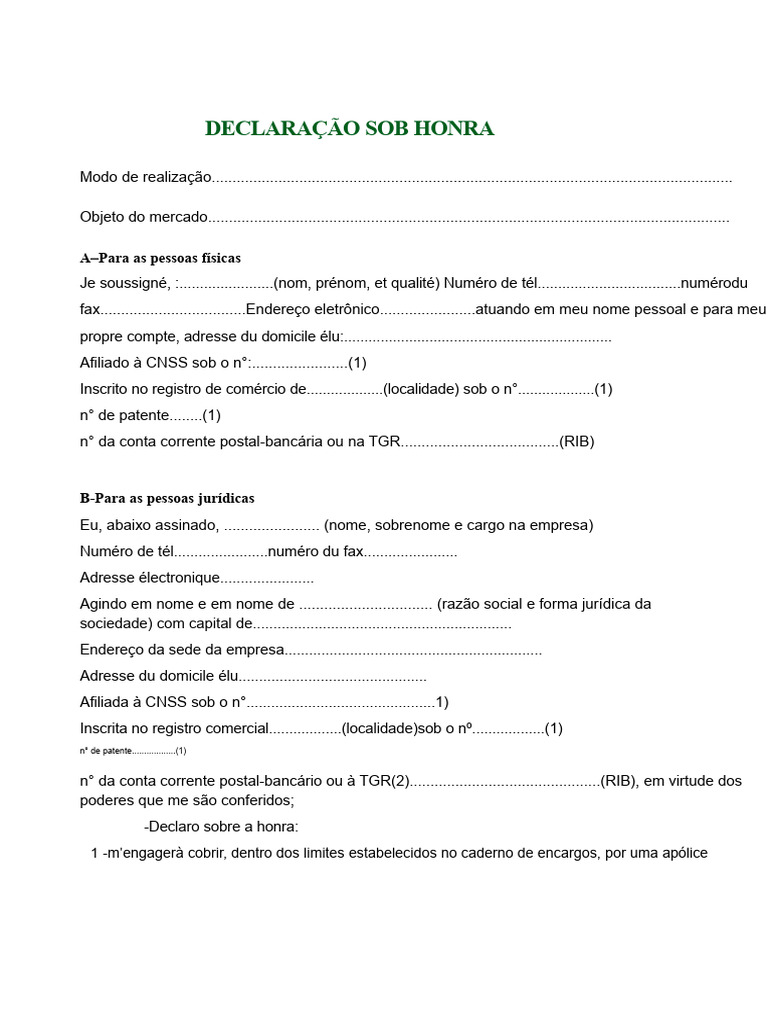 Declaração de Honra e Ato de Compromisso | PDF | Imposto sobre Valor ...