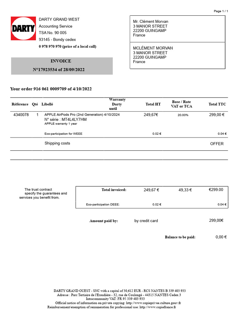 Darty Invoice for Apple AirPods Pro | PDF | Business | Money