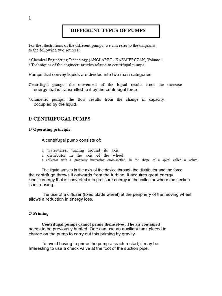 Types of Centrifugal and Volumetric Pumps | PDF | Pump | Liquids