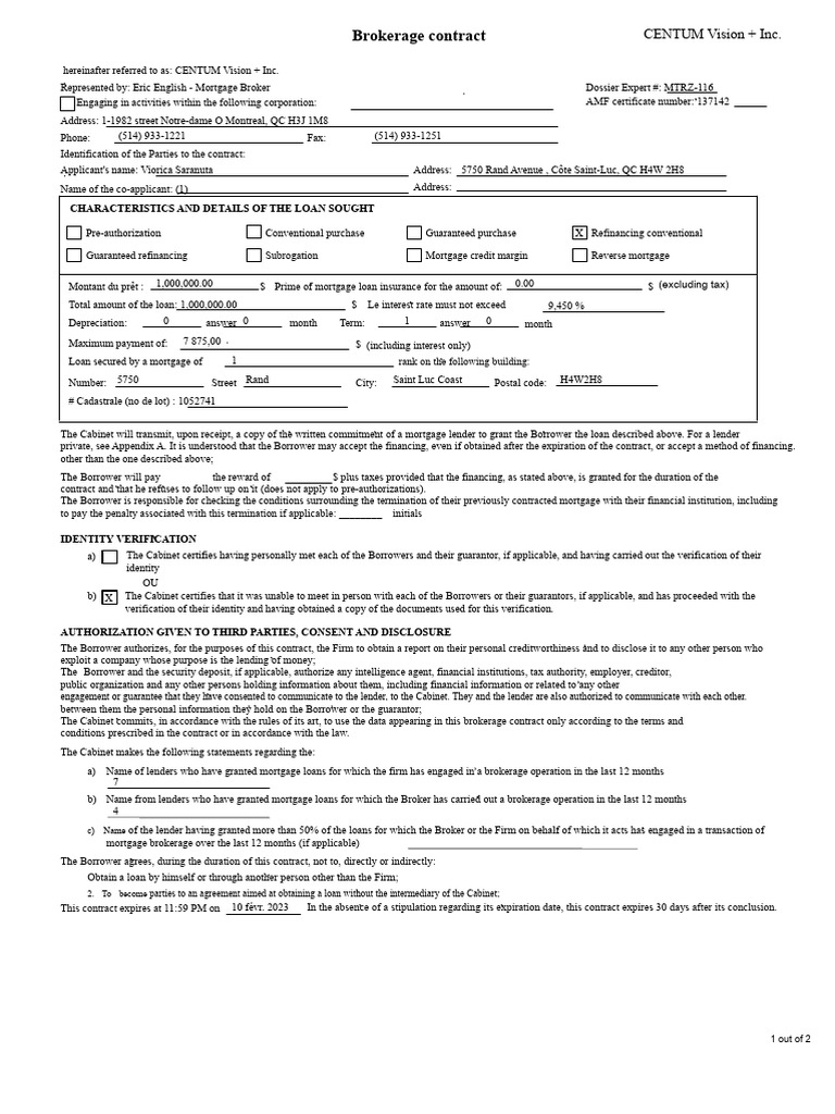 CENTUM Vision Brokerage Contract Details | PDF | Loans | Mortgages