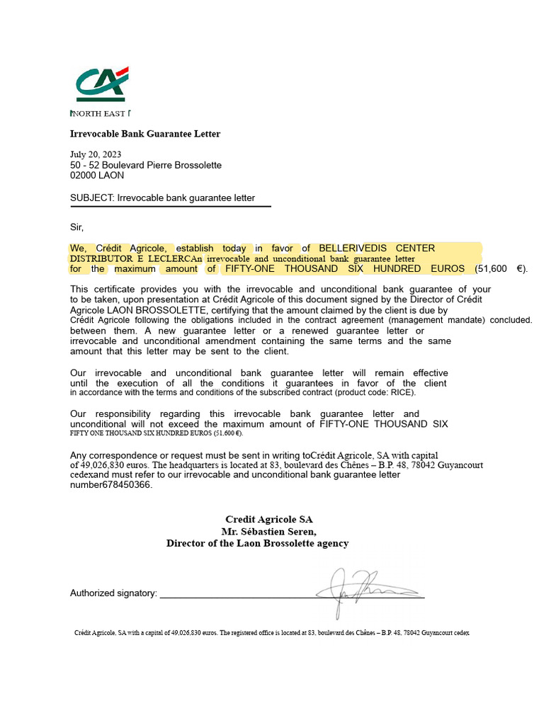 Irrevocable Bank Guarantee Letter RISERIA | PDF
