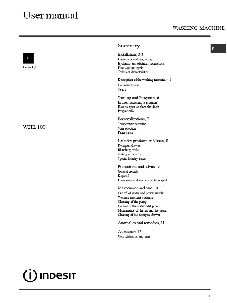 Washing Machine User Manual WITL 100 | PDF | Washing Machine | Laundry
