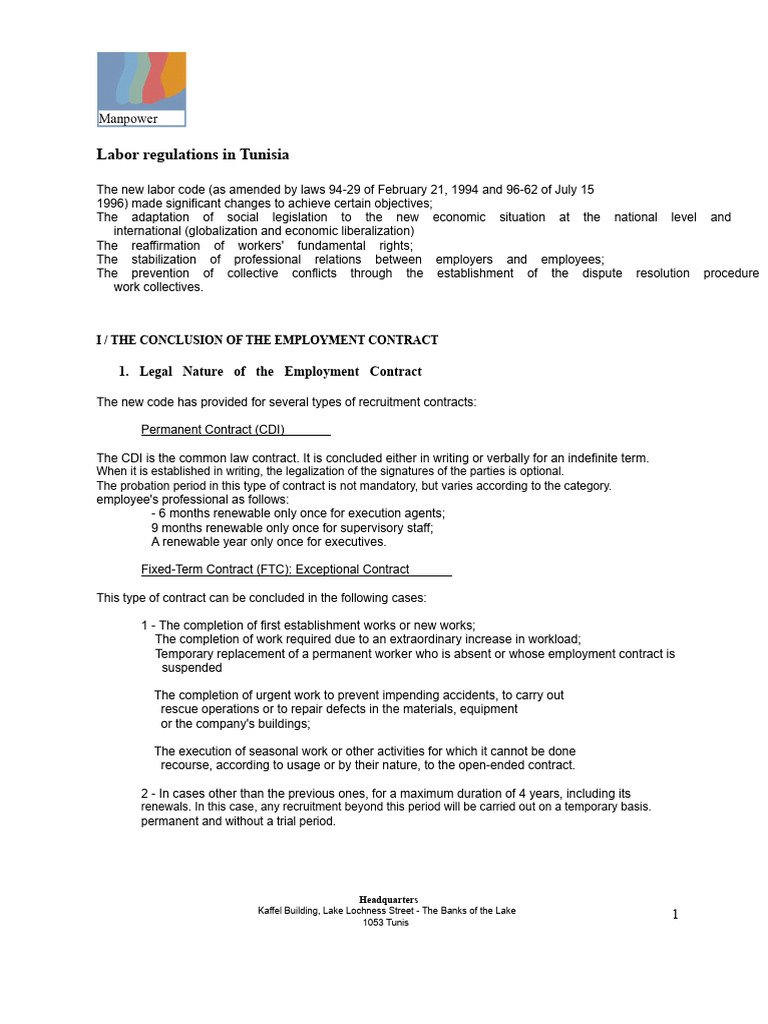 Tunisia Labor Code Overview | PDF | Employment | Labour Law