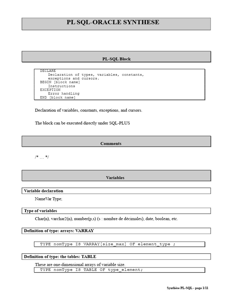 PL/SQL Oracle Synthesis Guide | PDF | Pl/Sql | Sql