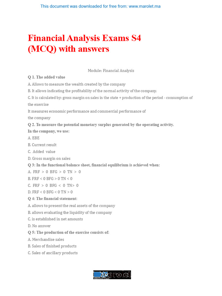 Financial Analysis Exam Questions & Answers | PDF | Balance Sheet ...