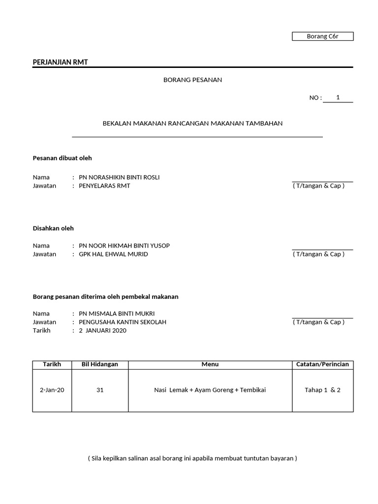 Borang Pesanan RMT 2020 | PDF