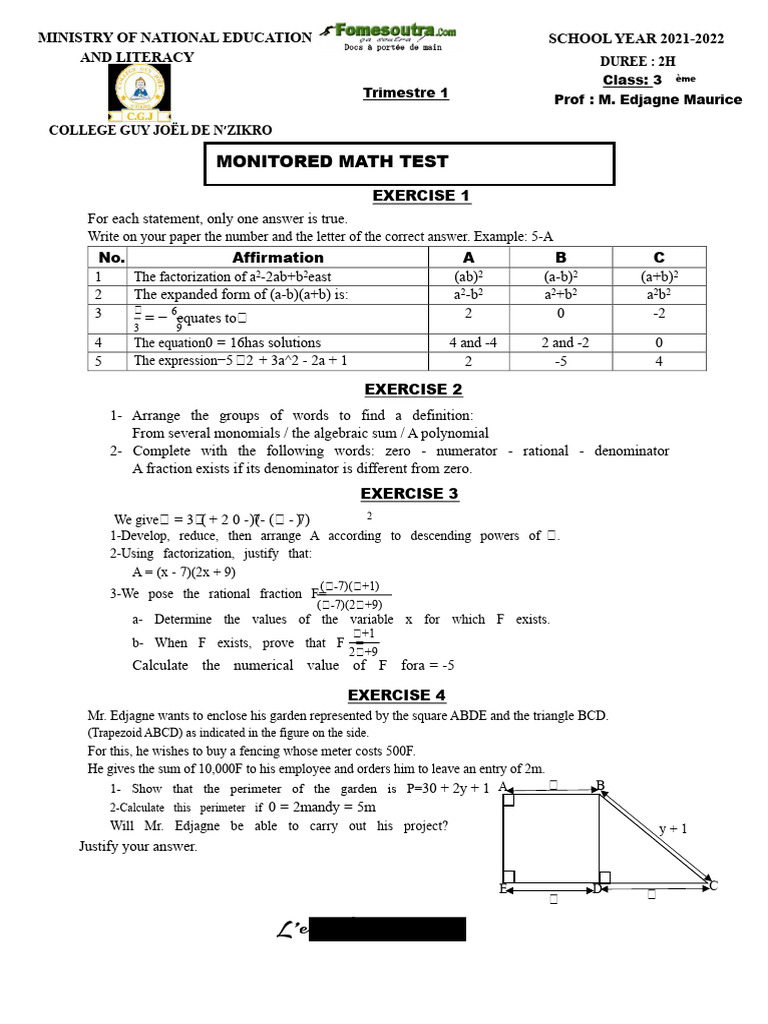 Math Level Assignment 9th Grade 2021-2022 (Guy Joel College) | PDF ...