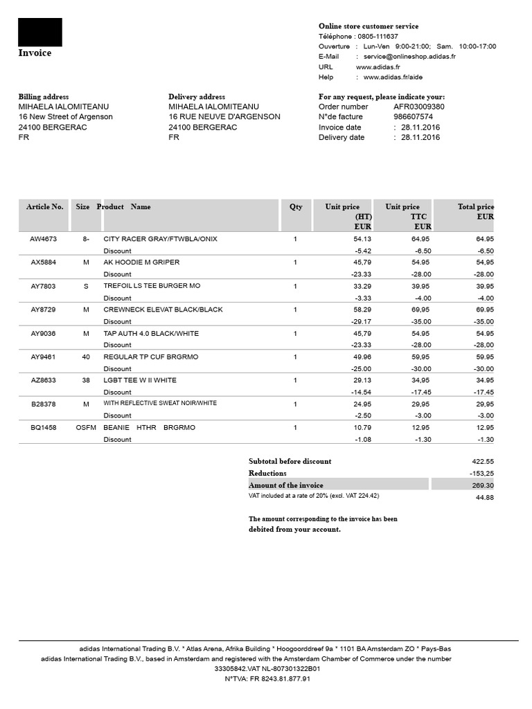 Adidas Online Store Invoice Details | PDF | Invoice | Business