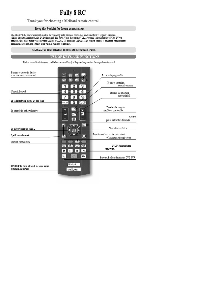 Fully 8 RC Universal Remote Guide | PDF | Remote Control | Digital ...