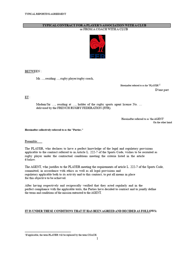 Rugby Player-Agent Contract Template | PDF | Employment | Arbitration