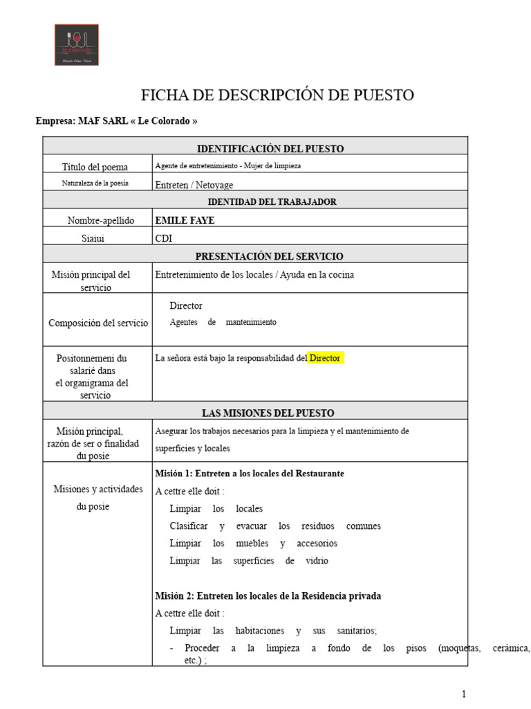 Descripción de Puestos en MAF SARL | PDF | Lavavajillas | Preparación ...