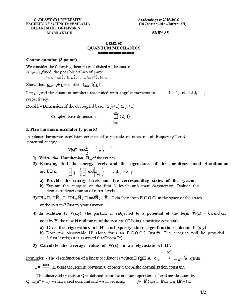 Quantum Mechanics Exam Questions | PDF | Hamiltonian (Quantum Mechanics ...