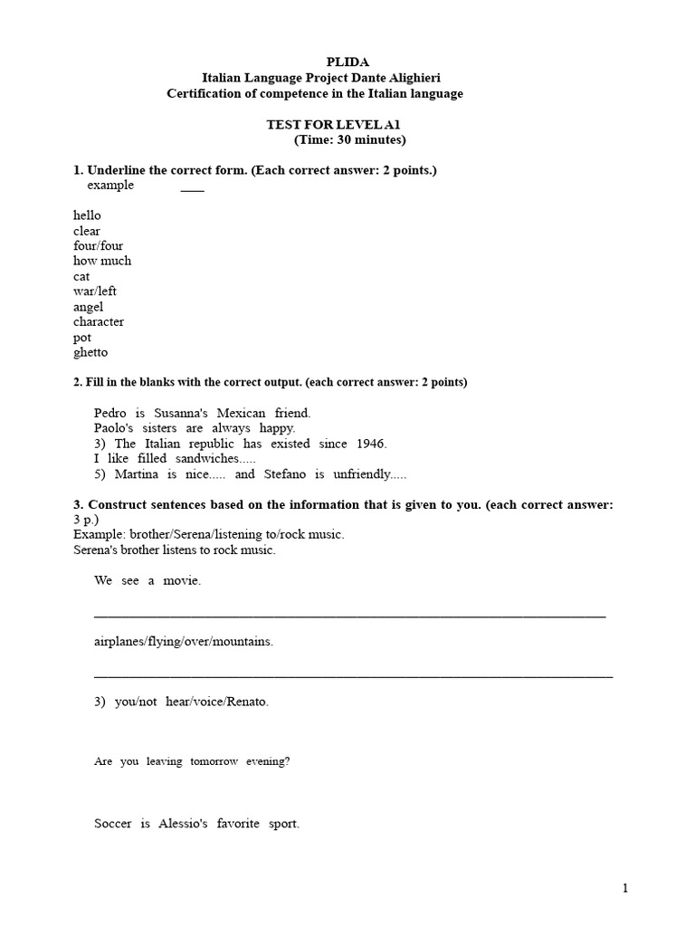 A1 Italian Language Certification Test | PDF