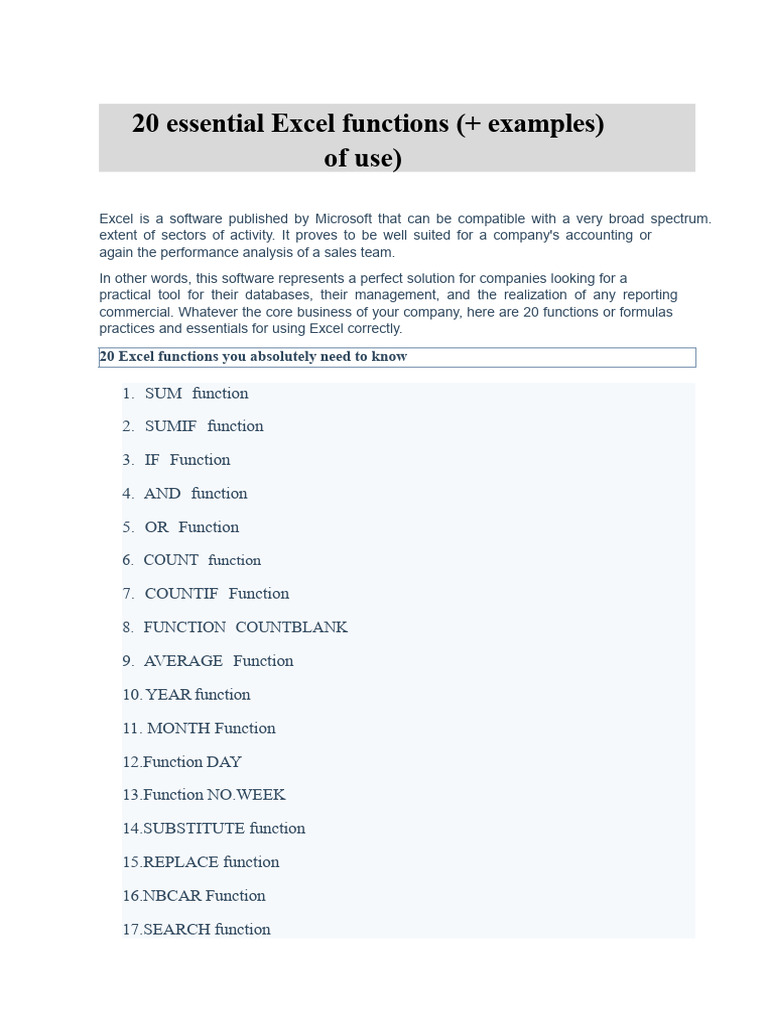 20 Essential Excel Functions Explained | PDF | Microsoft Excel ...