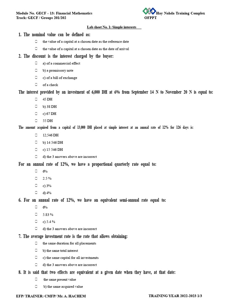 Simple Interests Lab Sheet No. 1 | PDF | Interest | Present Value