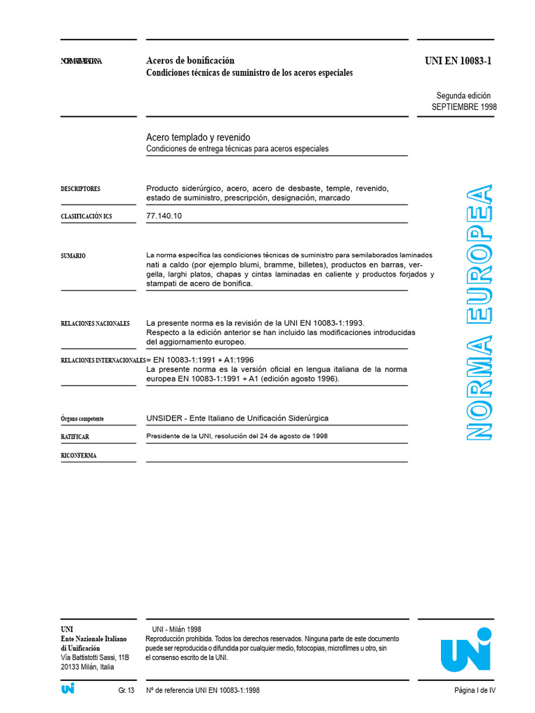 Normativa UNI EN 10083-1:1998 Acero | PDF | Acero | Tratamiento a base ...
