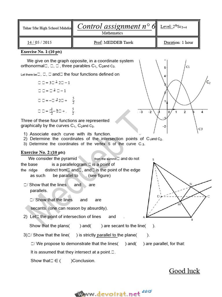 Control Assignment No. 6 - Math - 2nd Sciences (2014-2015) Mr. Meddeb ...