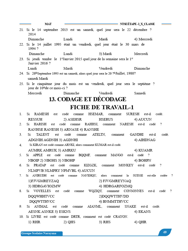 Questions de codage et de décodage NTSE | PDF