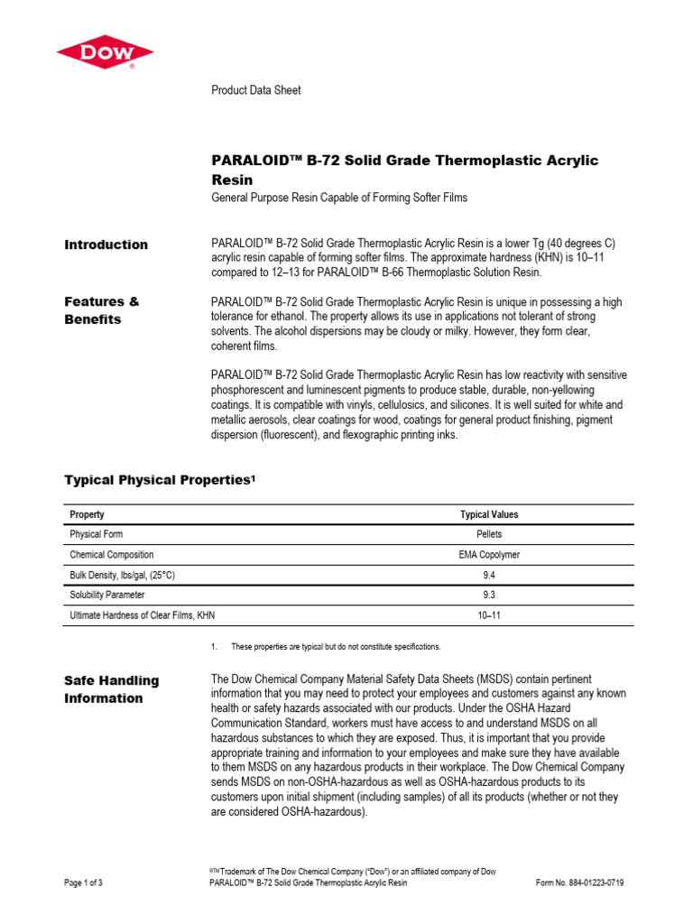 PARALOID™ B-72 Acrylic Resin Overview | PDF | Poly(Methyl Methacrylate ...