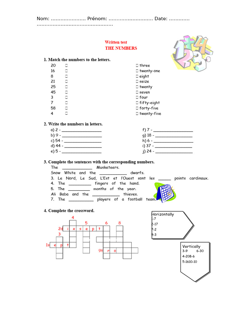 Numbers Matching and Writing Test | PDF
