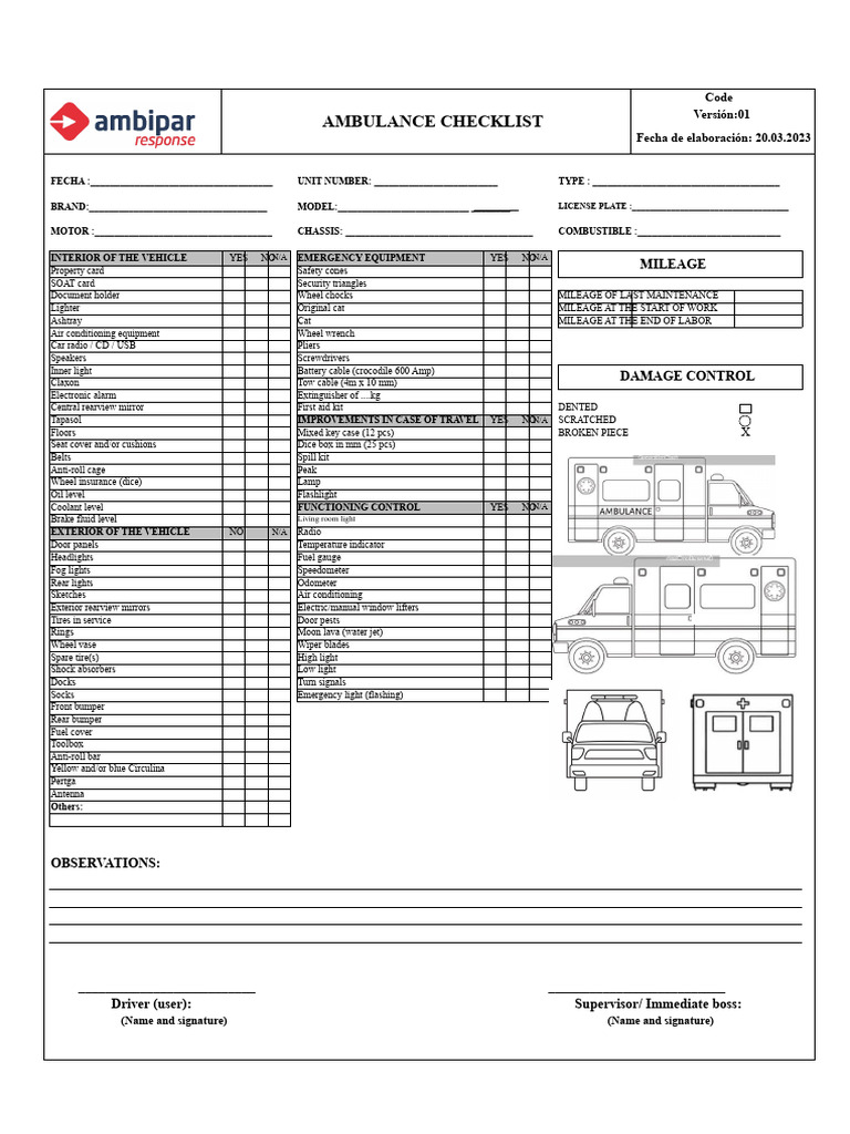Ambulance Vehicle Inspection Checklist | PDF | Vehicles | Motor Vehicle